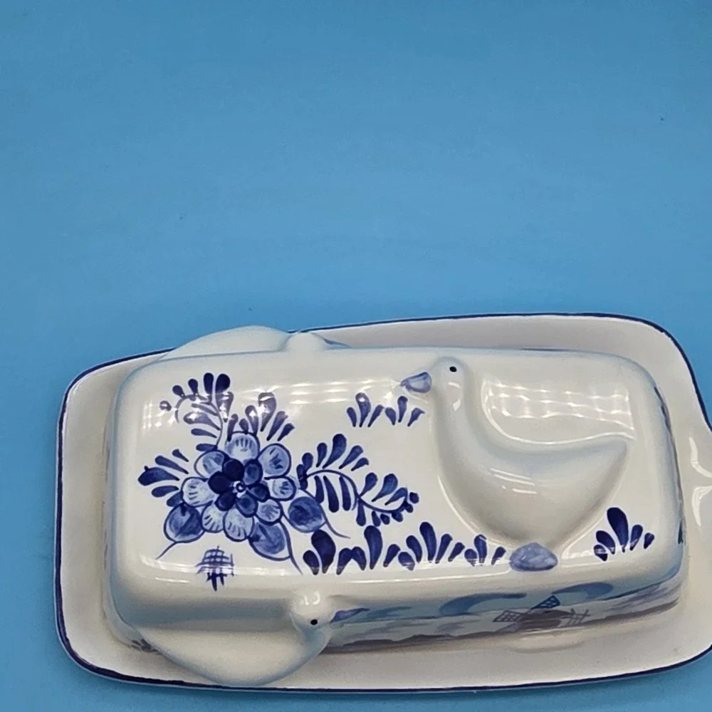 Hand Painted Delfts Blue Butter Dish Ducks Windmill Floral